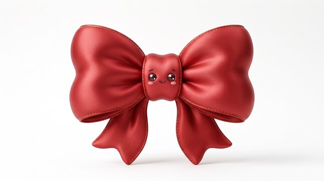 Adorable 3D kawaii red bow character smiling on white