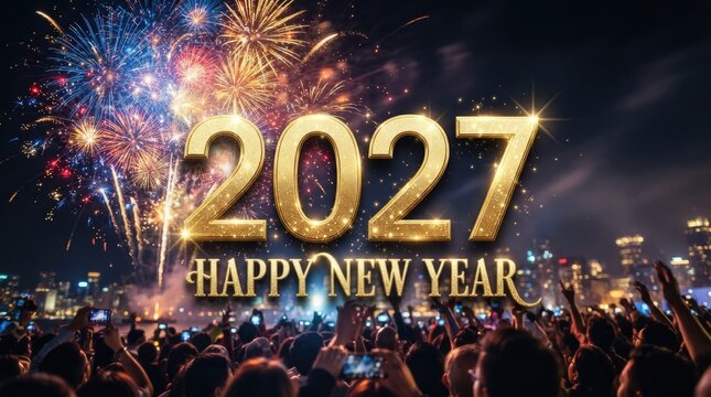 2027 happy new year celebration with fireworks over city skyline