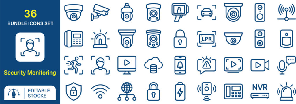 Security Monitoring Vector Outline Icons Set &ndash; CCTV, Surveillance, Camera, Alarm, NVR, LPR, Access Control, Video and Safety Symbols