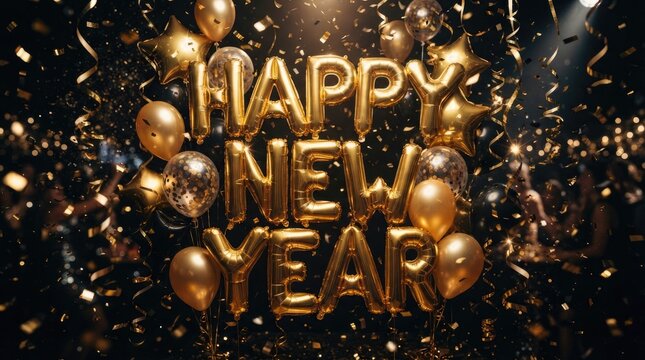 Gold happy new year balloons with confetti on a black background