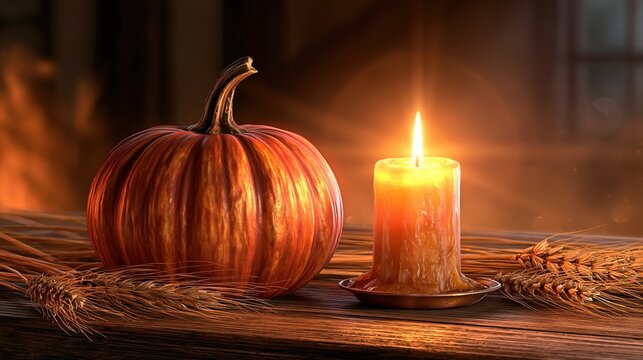 Cozy Autumn Scene Lit Candle and Pumpkin on Wooden Table with Wheat Stalks
