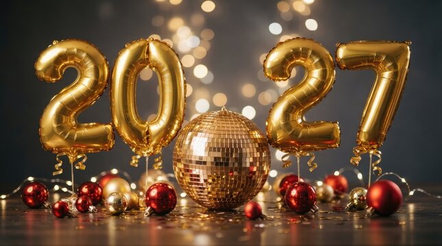 Gold 2027 balloons and disco ball with christmas ornaments