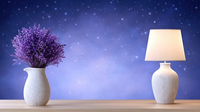 Cozy bedside lamp and lavender bouquet on a wooden table against a starry night sky background