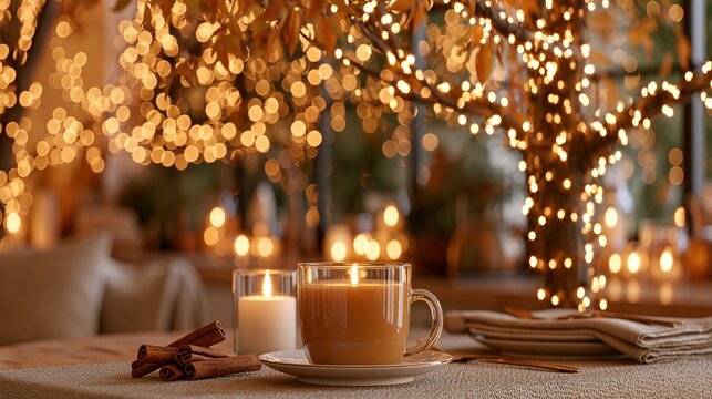 Cozy autumn scene with coffee, candle, cinnamon sticks, and warm string lights