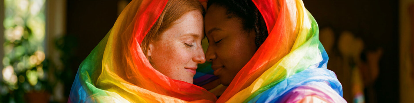Diverse lesbian couple touching foreheads wrapped in a pride flag. Women sharing intimate moment of love and unity. LGBTQ inclusion concept for social awareness and equality marketing.