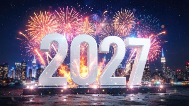 2027 new year celebration with fireworks over city skyline