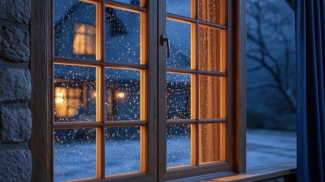 Cozy cabin window at night with rain drops on glass, warm light inside, winter scene