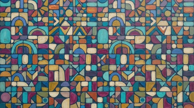 Abstract geometric painting with vibrant colorful squares and rectangles creating a complex mosaic pattern of artistic shapes