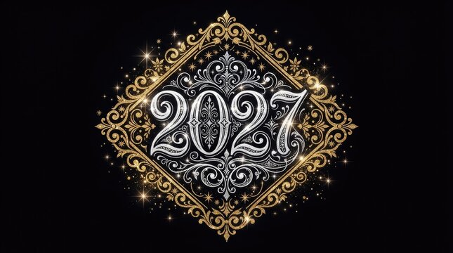 Elegant 2027 new year greeting with gold and silver ornate frame