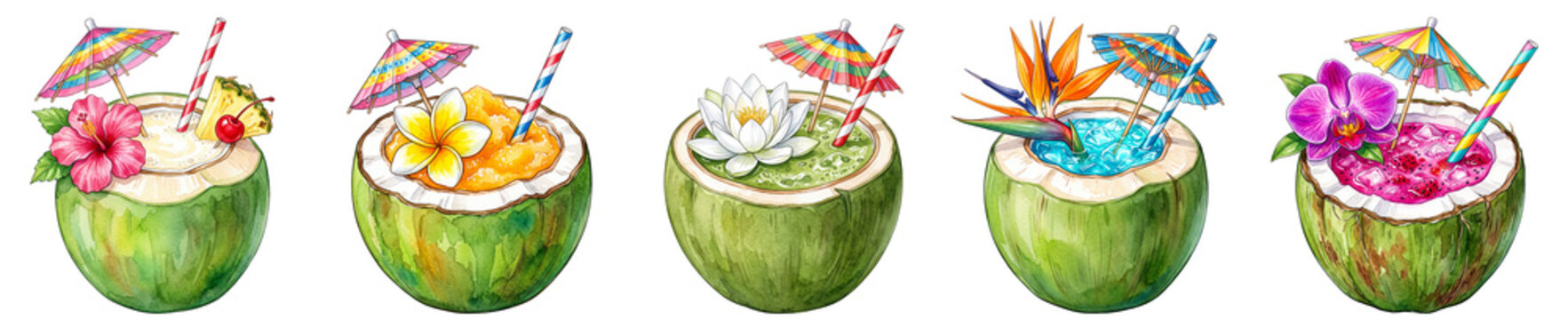 set of tropical iced fruit and matcha coconut drinks with umbrellas