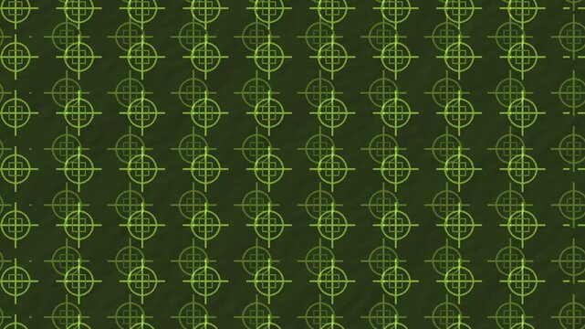 Neon lime print registration marks drifting in a precise geometric pattern