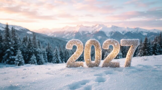 2027 numbers covered in frost on a snowy mountain landscape