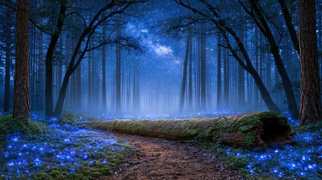 Enchanted Forest at Night with Milky Way and Bioluminescent Flowers