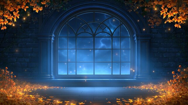Enchanting arched window overlooking a starry night sky with autumn leaves and glowing lights