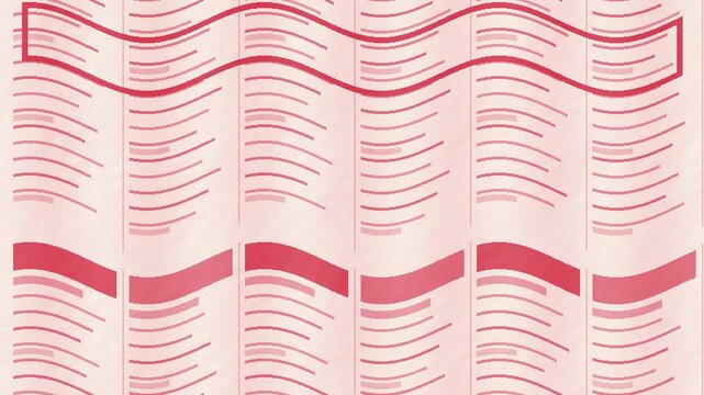 Coral red newspaper column layout with flowing editorial line waves