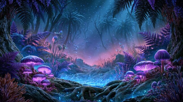 Enchanting bioluminescent forest at night with glowing purple mushrooms and magical blue stream.