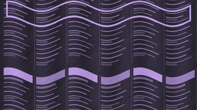 Lilac purple newspaper column layout with flowing editorial line waves