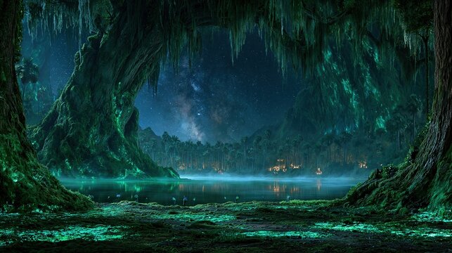 Enchanting bioluminescent forest cave opening to a starry night sky over a misty lake