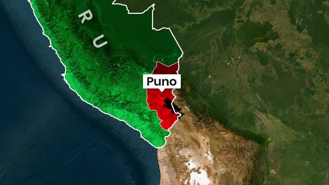 Animated map highlights the Puno region of Peru in a motion video