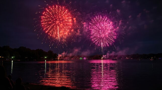 Fireworks display over water at night