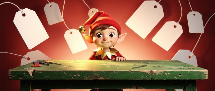 Cute Christmas elf standing behind a rustic wooden workbench with hanging blank price tags. Tiny helper in a magical workshop setting with festive background. Holiday sales and retail concept.