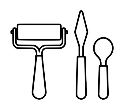 Minimalist black and white vector icon illustration of essential printmaking tools including a brayer ink roller, a palette knife, and a burnishing spoon for linocut and woodblock art studio projects.
