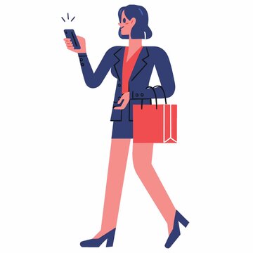 Animated cartoon business woman carries a shopping bag while using a smartphone for modern retail