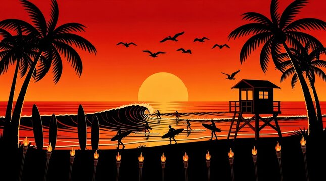 Surfers silhouettes walking on tropical beach at sunset. Palm trees, tiki torches, and lifeguard tower framing ocean waves. Summer vacation travel theme ideal for tourism and event promotion.