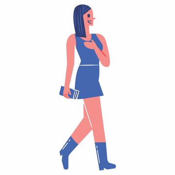 Animated trendy cartoon girl walks confidently in a short blue dress while carrying a stylish clutch