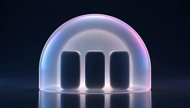 Transparent dome with glowing server slot on dark background, symbolizing secure data center service, cloud infrastructure, and digital reliability.