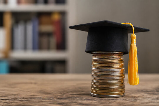 A black graduation cap with a gold tassel rests on a wooden desk in front of a blurred bookshelf.