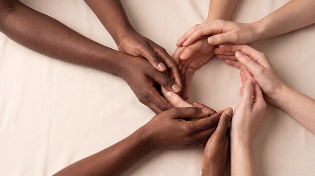 Diverse hands connect in a circular formation, symbolizing unity and inclusion