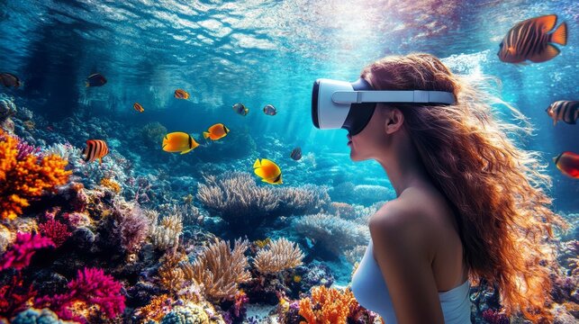 Young woman wearing virtual reality headset underwater near colorful coral reef and tropical fish showing immersive ocean exploration futuristic travel technology marine adventure and digital diving