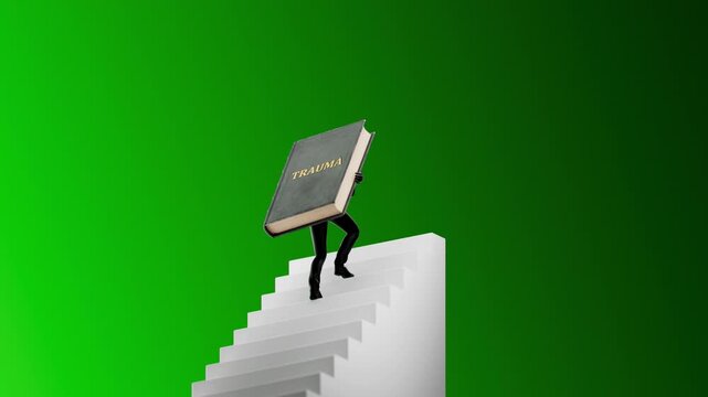 Man Carrying Book of Trauma Up Stairs