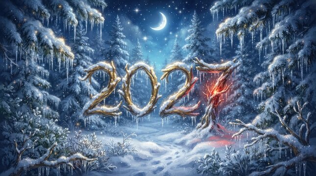 2027 new year greeting with icy branches in a snowy winter forest