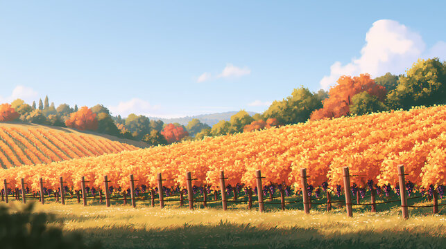 A beautiful vineyard landscape shows rows of grape vines with golden autumn leaves growing on a sunny hillside under a clear blue sky during the harvest season