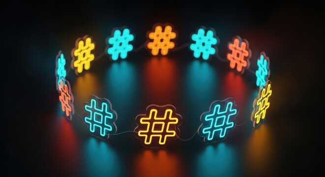 A glowing circle of colorful neon hashtag symbols illuminating a dark, reflective surface, representing social media trends.