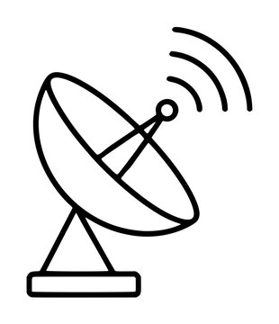 Minimalist vector icon illustration of a satellite dish antenna transmitting wireless signals for global communication, telecommunications, broadcasting, and data reception in a clean line style.