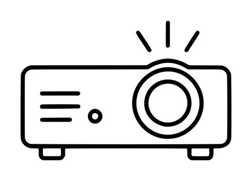 Minimalist vector icon of a digital video projector with light rays, perfect for business presentations, home cinema setups, and educational media technology illustrations in a clean line style.