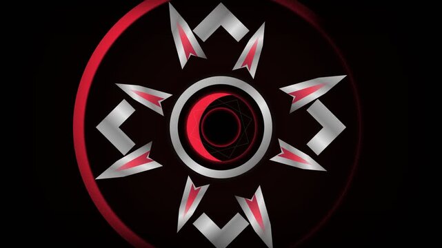 Abstract Circular Emblem with Geometric Metallic Blades and Red Glowing Core Design