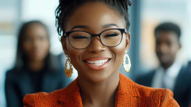 Smiling African American businesswoman wearing glasses and orange blazer in corporate office