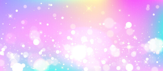 Fototapeta premium Magic rainbow background with glitter sparkles and bokeh effect on dreamy pastel gradient. Vector realistic illustration of shimmering soft color wallpaper for princess and unicorn themed designs