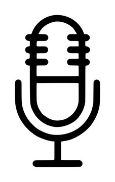 Minimalist black and white vector icon illustration of a classic studio microphone on a stand, perfect for podcasting, radio broadcasting, music recording, and vocal performance graphics.