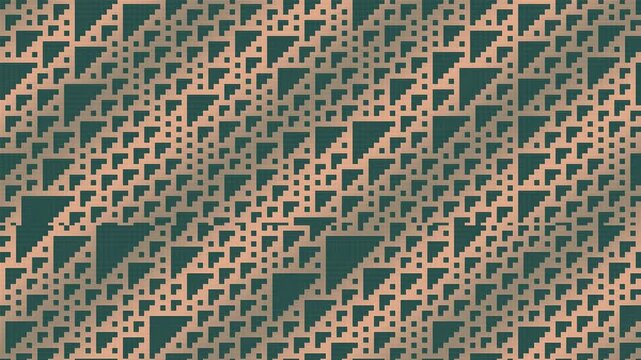 Peach and teal cellular automaton field with flowing computational patterns