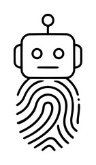 Naklejka premium Minimalist vector icon illustration of a robot head seamlessly merging with a biometric fingerprint pattern, representing digital identity, security, and the fusion of technology and human touch.