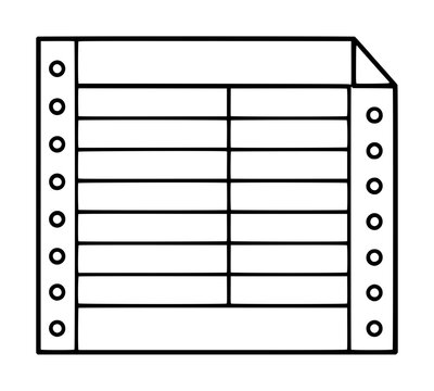 Minimalist black and white vector icon illustration of a routing slip or continuous feed computer paper form with sprocket holes and a grid for data entry, office record keeping, and business logs.
