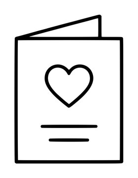 Elegant black line art vector icon of a folded invitation card with a heart emblem and text placeholders, ideal for romantic greeting card designs and wedding rsvp card illustrations.