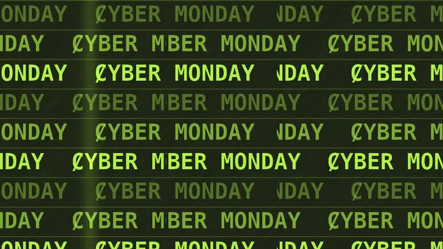Neon lime CYBER MONDAY ticker typography in a seamless digital grid