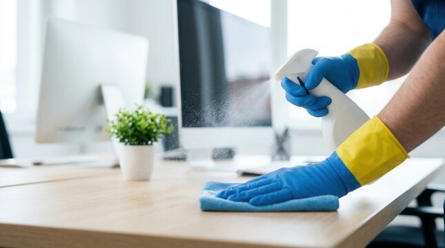 Workplace sanitation and professional commercial janitor service featuring a worker wiping an office desk with a cloth, spray bottle, and protective gloves.