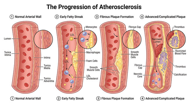 Medical illustration showing the progression of atherosclerosis from a normal arterial wall to advanced plaque formation